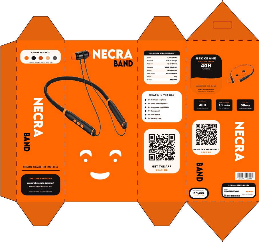 Necra Band — wireless neckband carton. — flat print-ready package artwork